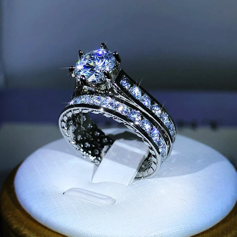 925 Silver Luxury Engagement Rings for Women 2Pcs/Set | Shiny Zircon Two Tone Elegant Jewelry