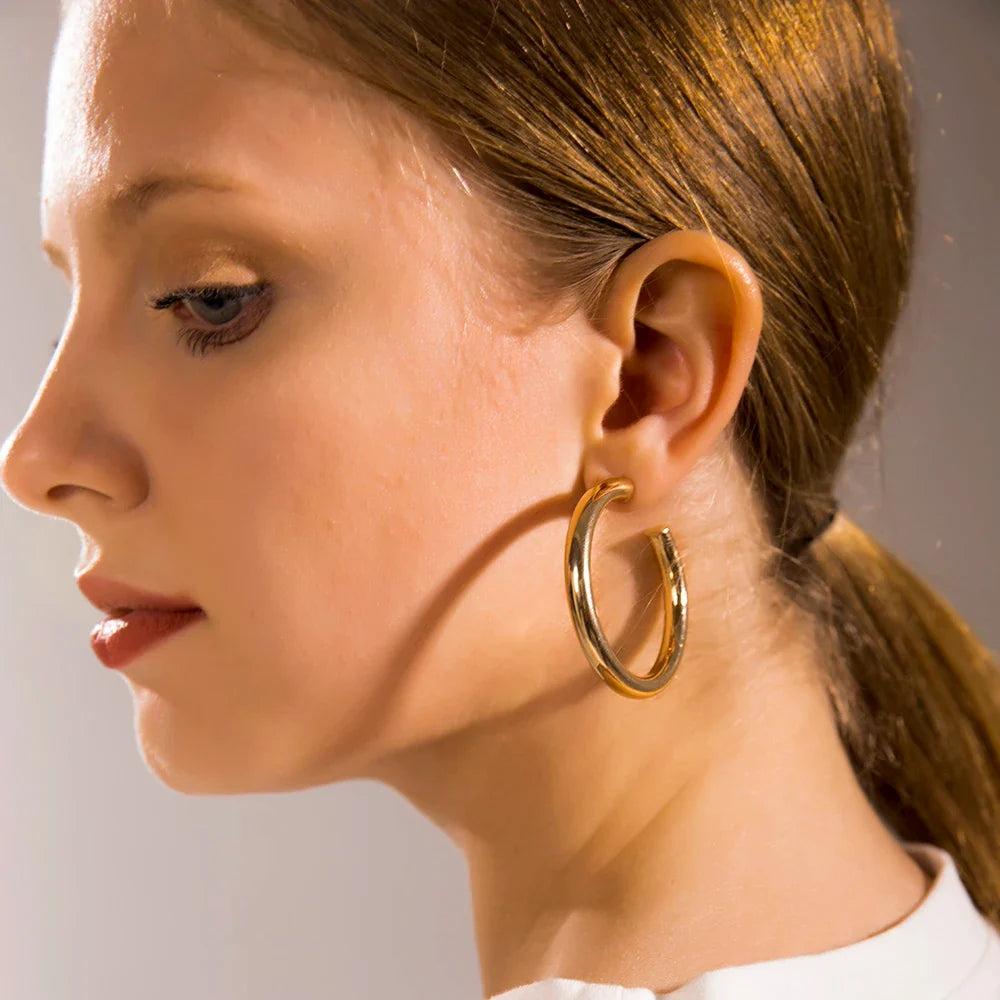 Big Round Stainless Steel Hoop Earrings | Minimalist Gold Circle Earrings for Women and Men