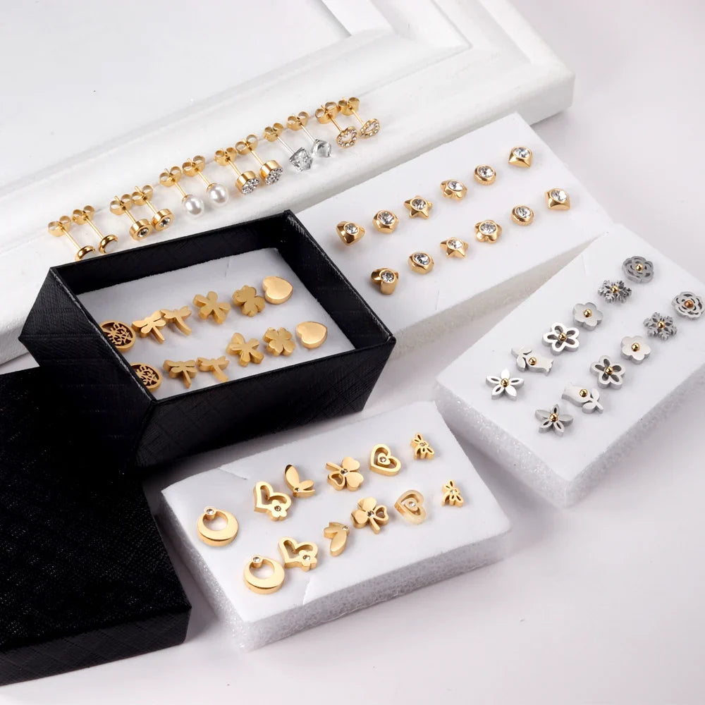 6 Pairs Vintage Stud Earrings Set for Women | Stainless Steel Snowflake Piercing