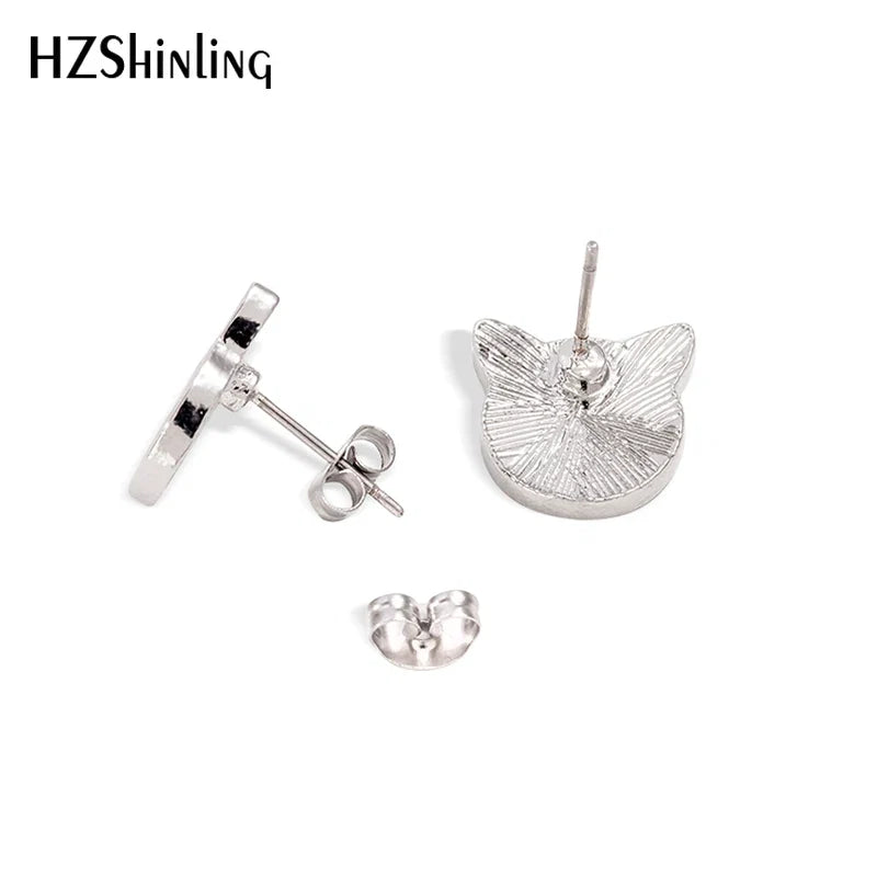 Lovely Cat Face Stud Earrings | Handmade Glass Dome Photo Printed Jewelry for Women