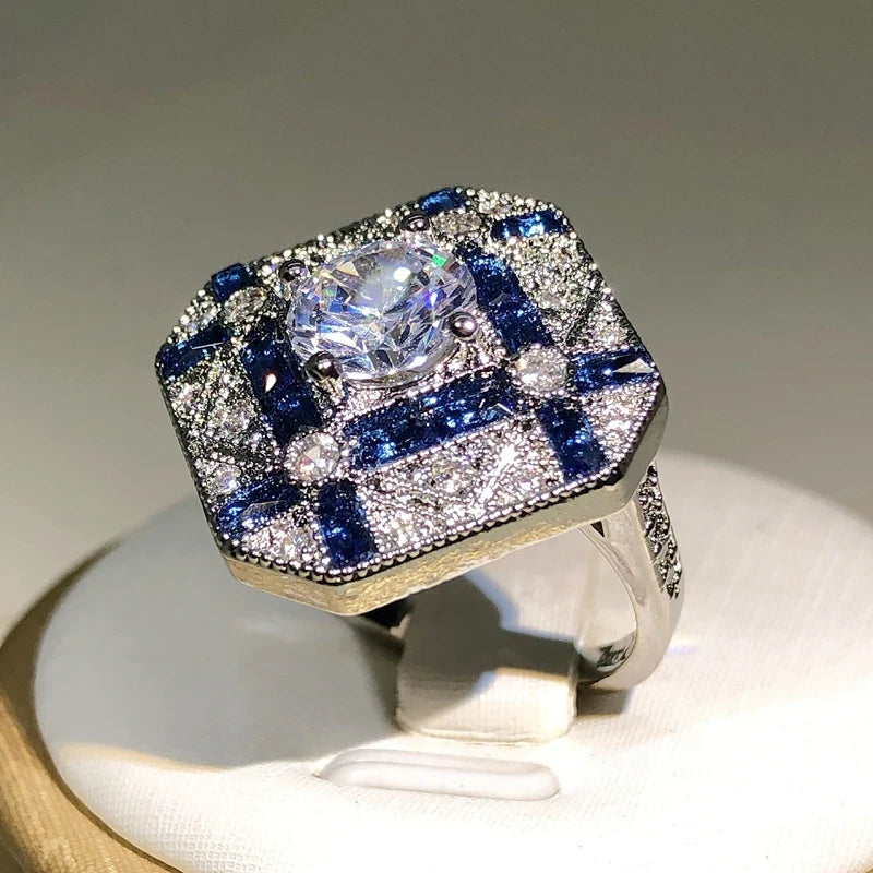925 Silver Zircon Geometric Ring | Blue White Cocktail Engagement Ring