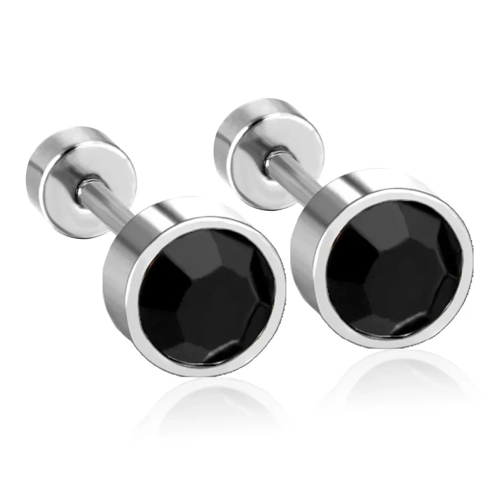 Black Crystal Screw Back Stud Earrings | Stainless Steel Fashion Jewelry for Women