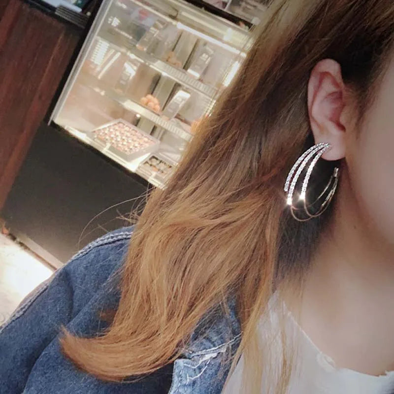 Silver Needle Hoop Earrings | Rose Gold Plated Crystal Punk Hoop Earrings for Women