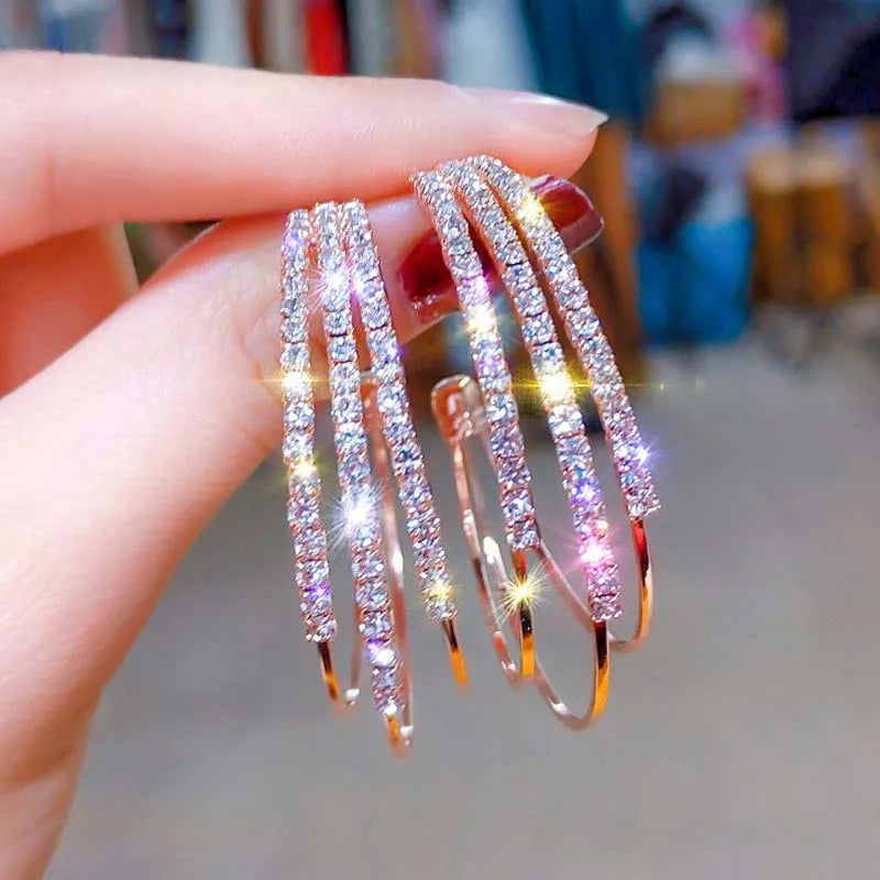 Silver Needle Hoop Earrings | Rose Gold Plated Crystal Punk Hoop Earrings for Women