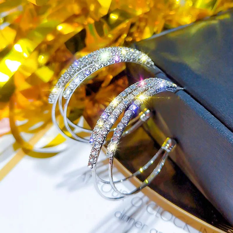 Silver Needle Hoop Earrings | Rose Gold Plated Crystal Punk Hoop Earrings for Women