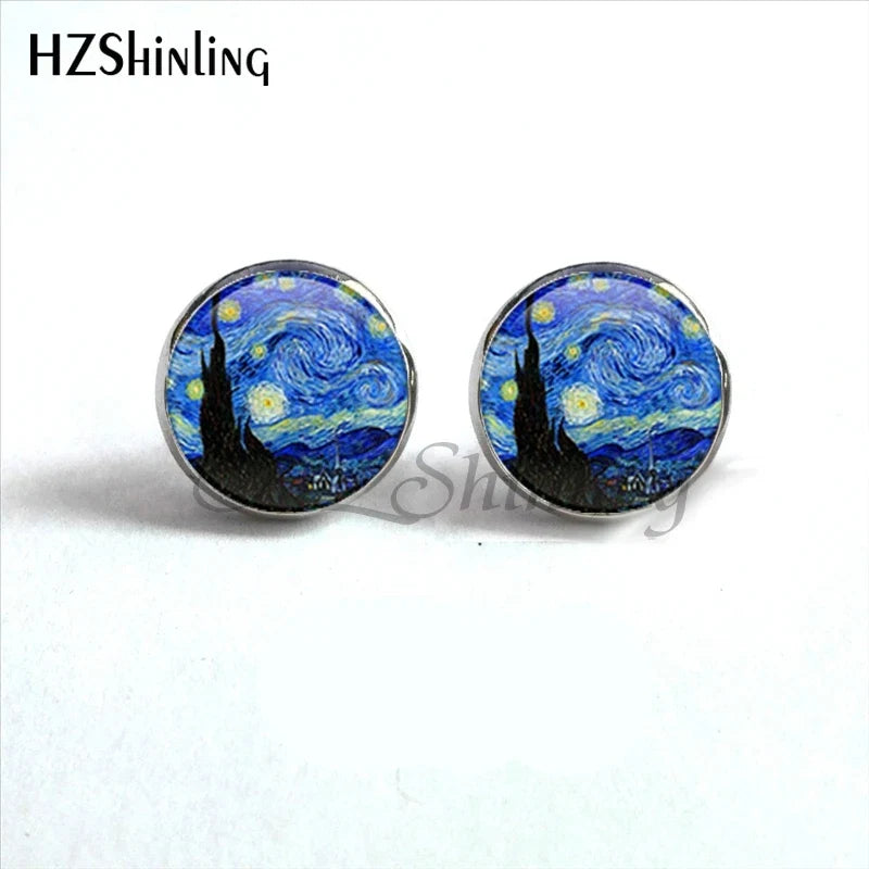 Van Gogh Art Stud Earrings | Handcrafted Glass Dome Earrings with Iconic Painting Details