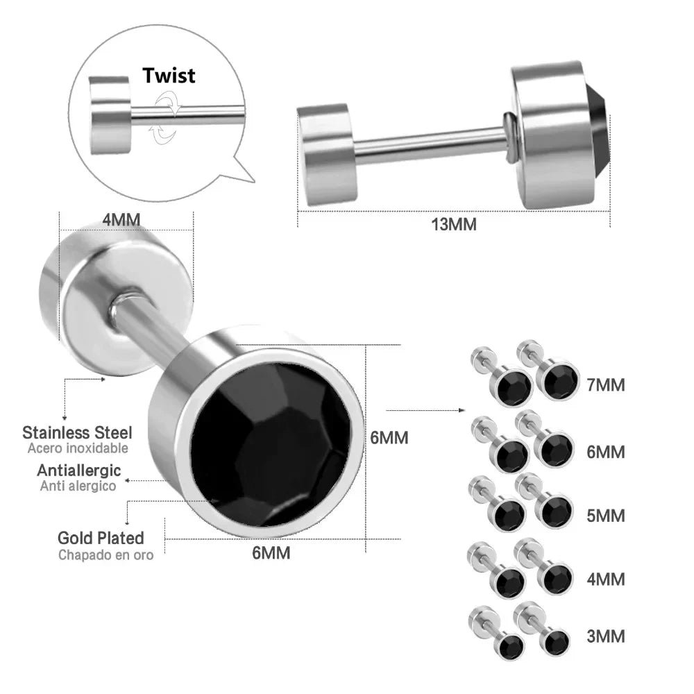 Black Crystal Screw Back Stud Earrings | Stainless Steel Fashion Jewelry for Women