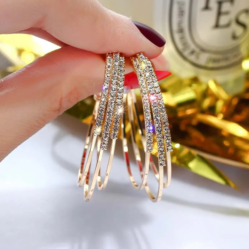 Silver Needle Hoop Earrings | Rose Gold Plated Crystal Punk Hoop Earrings for Women