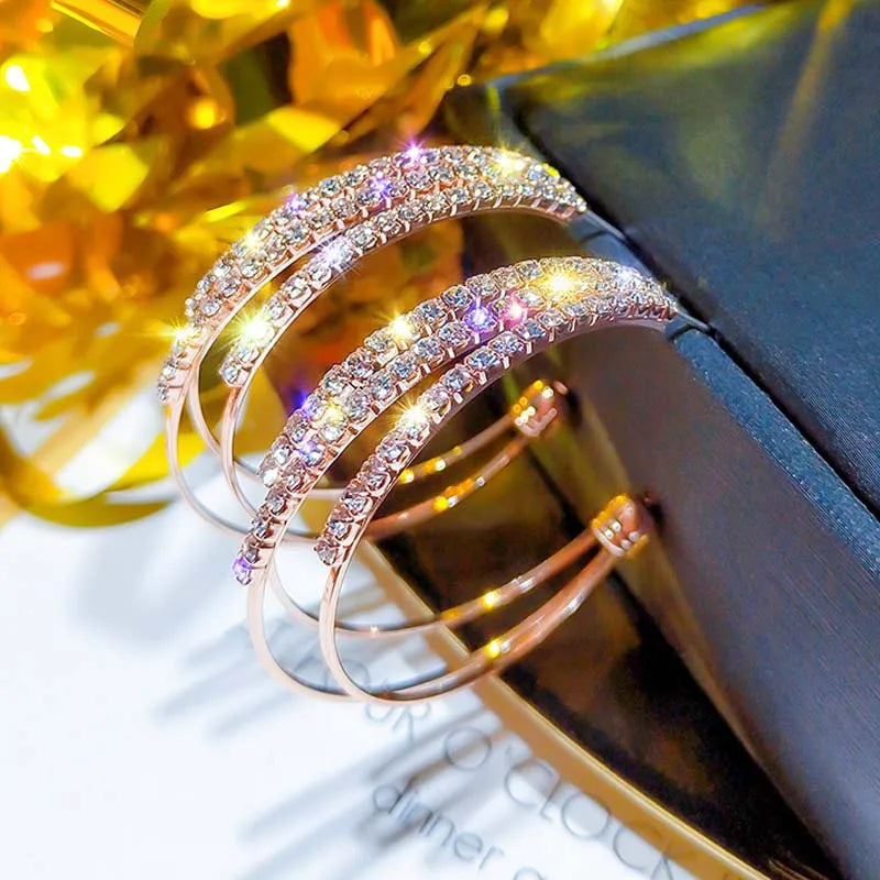 Silver Needle Hoop Earrings | Rose Gold Plated Crystal Punk Hoop Earrings for Women