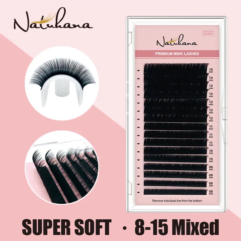 NATUHANA Mink Lashes Mix 8-15 mm 16 Lines Handmade Eyelash Extension | Natural Soft Faux Lash Supplies