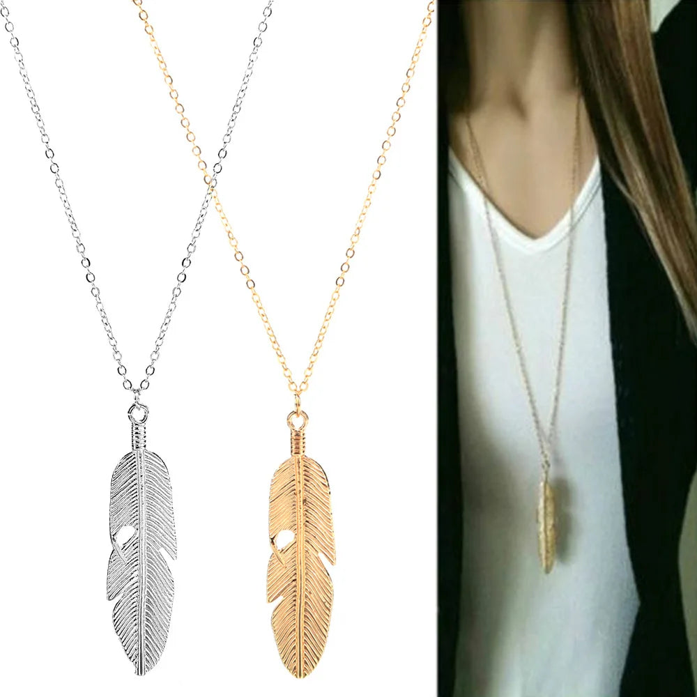 VOQ Feather Pendant Necklace for Women | Trendy Long Chain Jewelry Gift