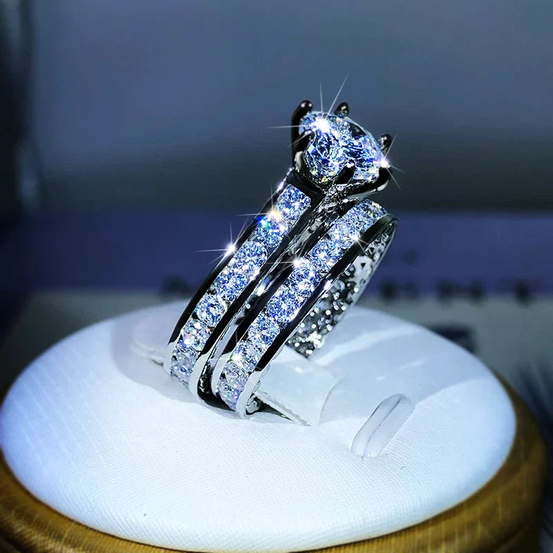 925 Silver Luxury Engagement Rings for Women 2Pcs/Set | Shiny Zircon Two Tone Elegant Jewelry