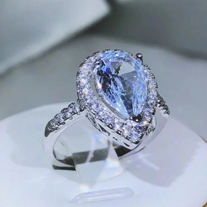 925 Sterling Silver Drop-Shaped White Zircon Ring | Elegant Cocktail Ring for Women