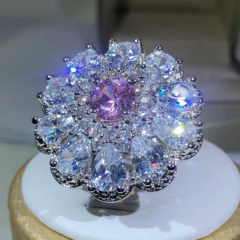 925 Sterling Silver Zircon Flower Ring | Classic Cocktail Jewelry for Women