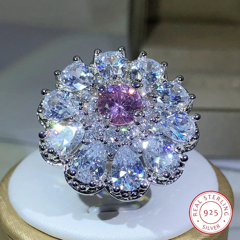 925 Sterling Silver Zircon Flower Ring | Classic Cocktail Jewelry for Women