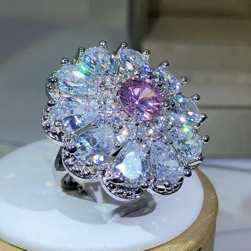 925 Sterling Silver Zircon Flower Ring | Classic Cocktail Jewelry for Women