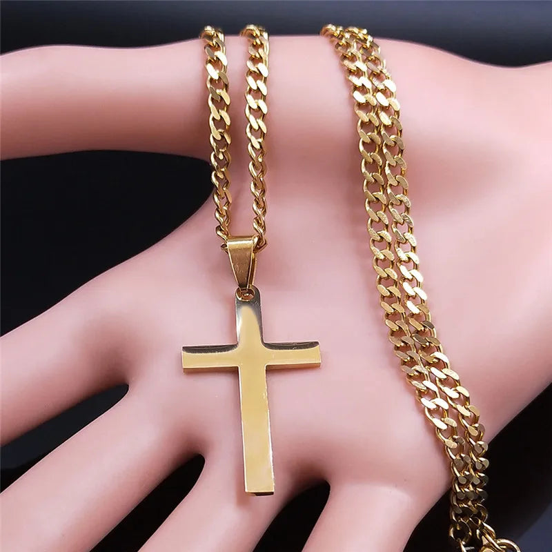 Gold Stainless Steel Cross Pendant Necklace | Hip Hop Jesus Chain Jewelry for Men Women