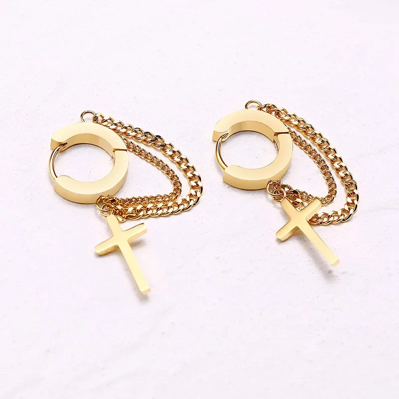 Stainless Steel Cross Double Chain Huggie Hoop Earrings | Trendy Unisex Jewelry