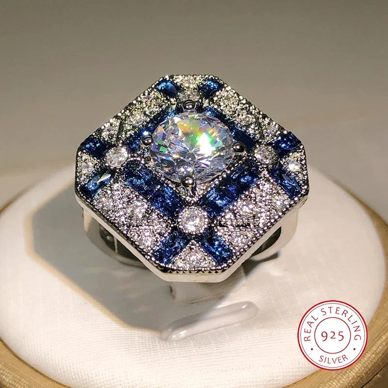 925 Silver Zircon Geometric Ring | Blue White Cocktail Engagement Ring