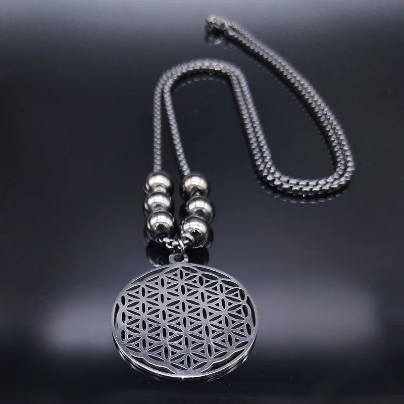 Sacred Geometry Flower of Life Necklace | Stainless Steel Mandala Pendant with Black Beads
