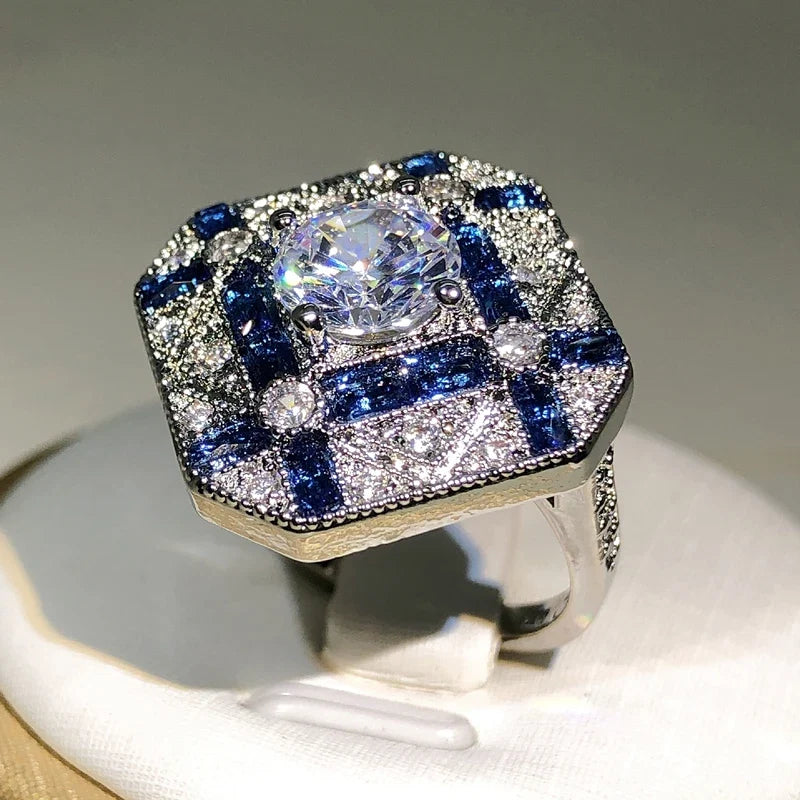 925 Silver Zircon Geometric Ring | Blue White Cocktail Engagement Ring