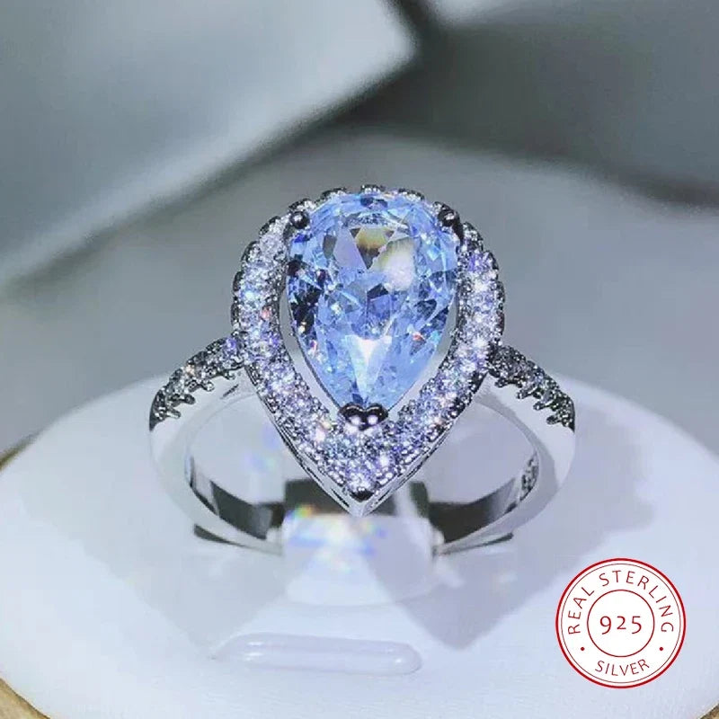 925 Sterling Silver Drop-Shaped White Zircon Ring | Elegant Cocktail Ring for Women