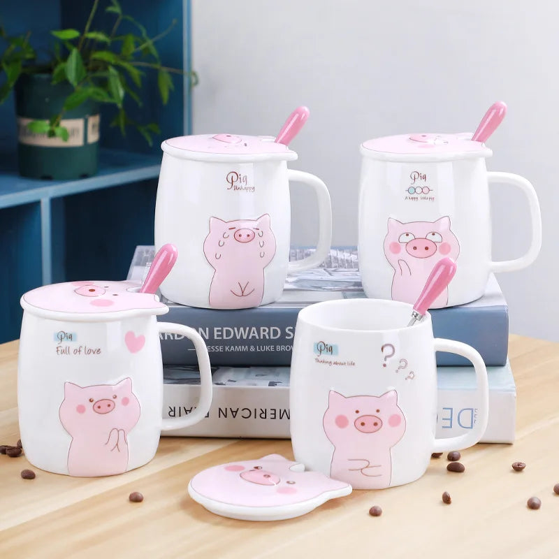 500ml Ceramic Pig Mug with Lid and Spoon | Cute Porcelain Coffee Tea Cup