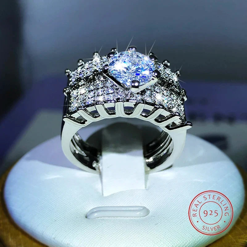 925 Sterling Silver Zircon Cocktail Ring | Classic Geometric Design for Women