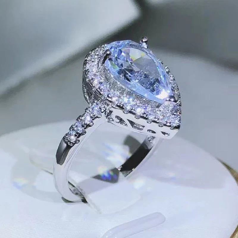 925 Sterling Silver Drop-Shaped White Zircon Ring | Elegant Cocktail Ring for Women