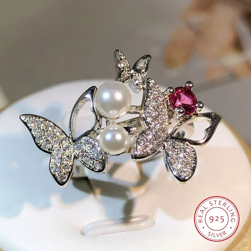 925 Sterling Silver Double Pearl Butterfly Ring | Zircon Cocktail Jewelry for Women