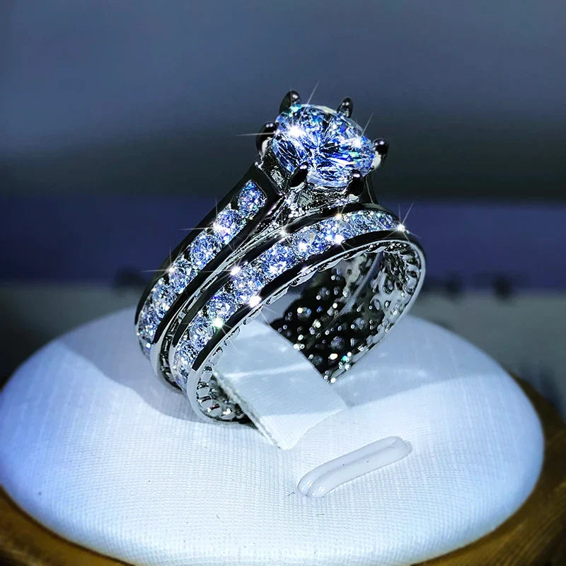 925 Silver Luxury Engagement Rings for Women 2Pcs/Set | Shiny Zircon Two Tone Elegant Jewelry