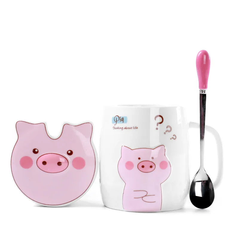 500ml Ceramic Pig Mug with Lid and Spoon | Cute Porcelain Coffee Tea Cup