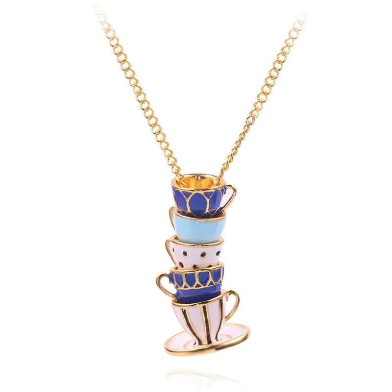 Enamel Tea Cup Pendant Necklace | Trendy Long Chain Jewelry