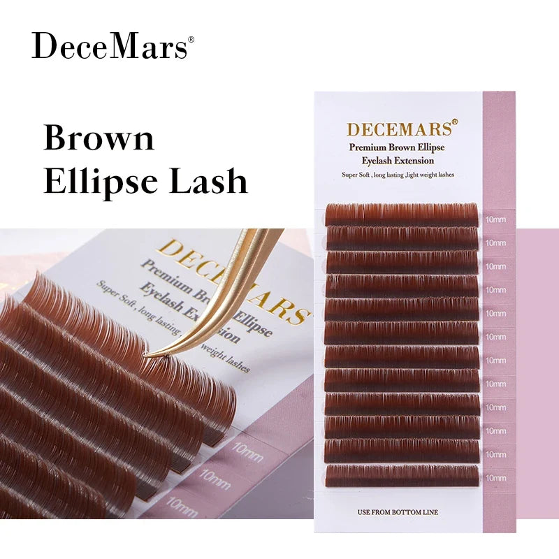DeceMars Brown Matte Ellipse Flat Eyelash Extensions | Soft Tip Individual Lashes for Natural Volume