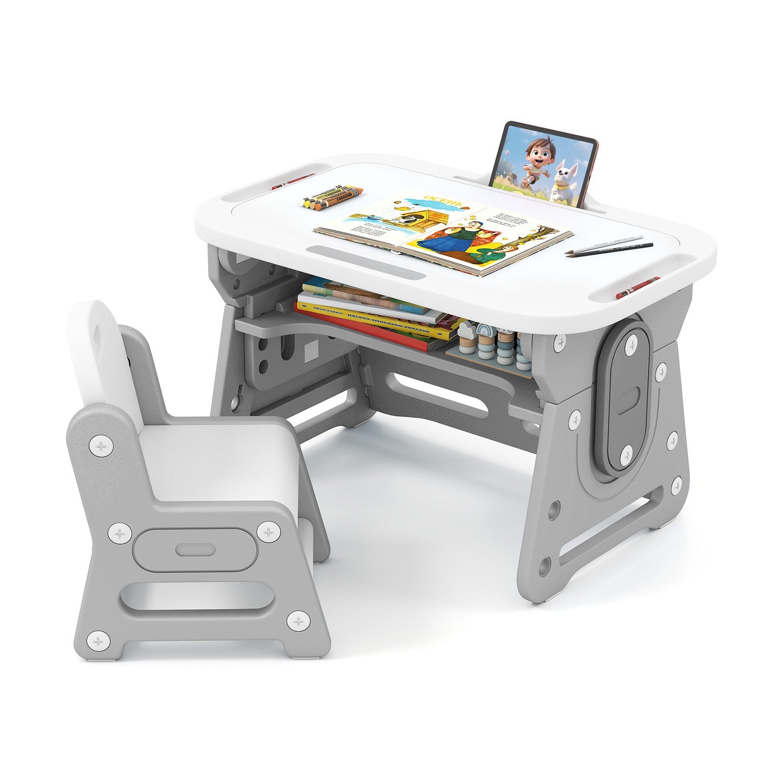 Height Adjustable Kids Table and Chair Set with Tiltable Whiteboard and Concave Shelf