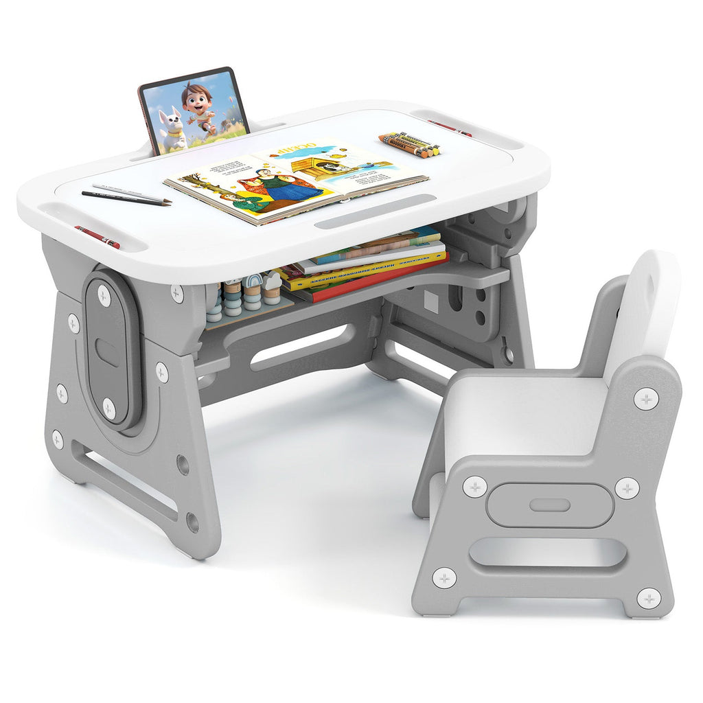 Height Adjustable Kids Table and Chair Set with Tiltable Whiteboard and Concave Shelf