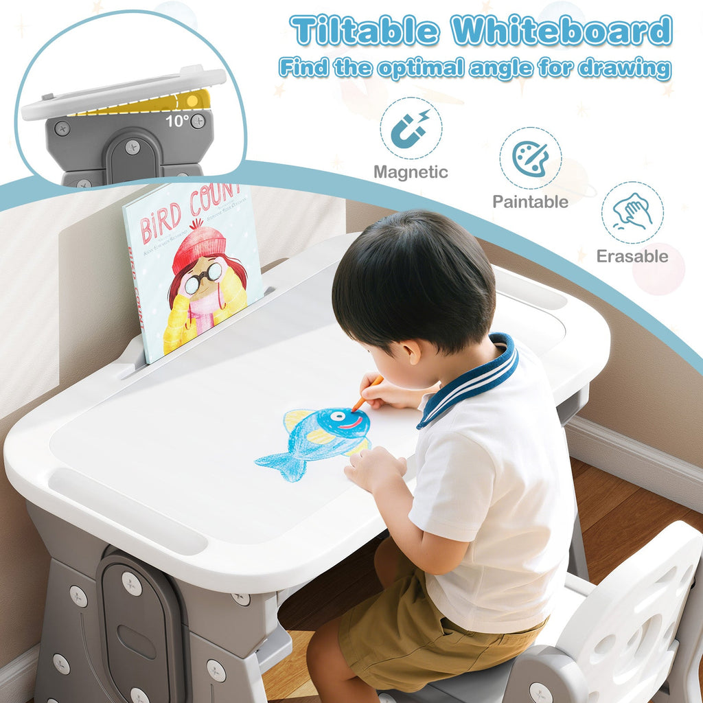 Height Adjustable Kids Table and Chair Set with Tiltable Whiteboard and Concave Shelf
