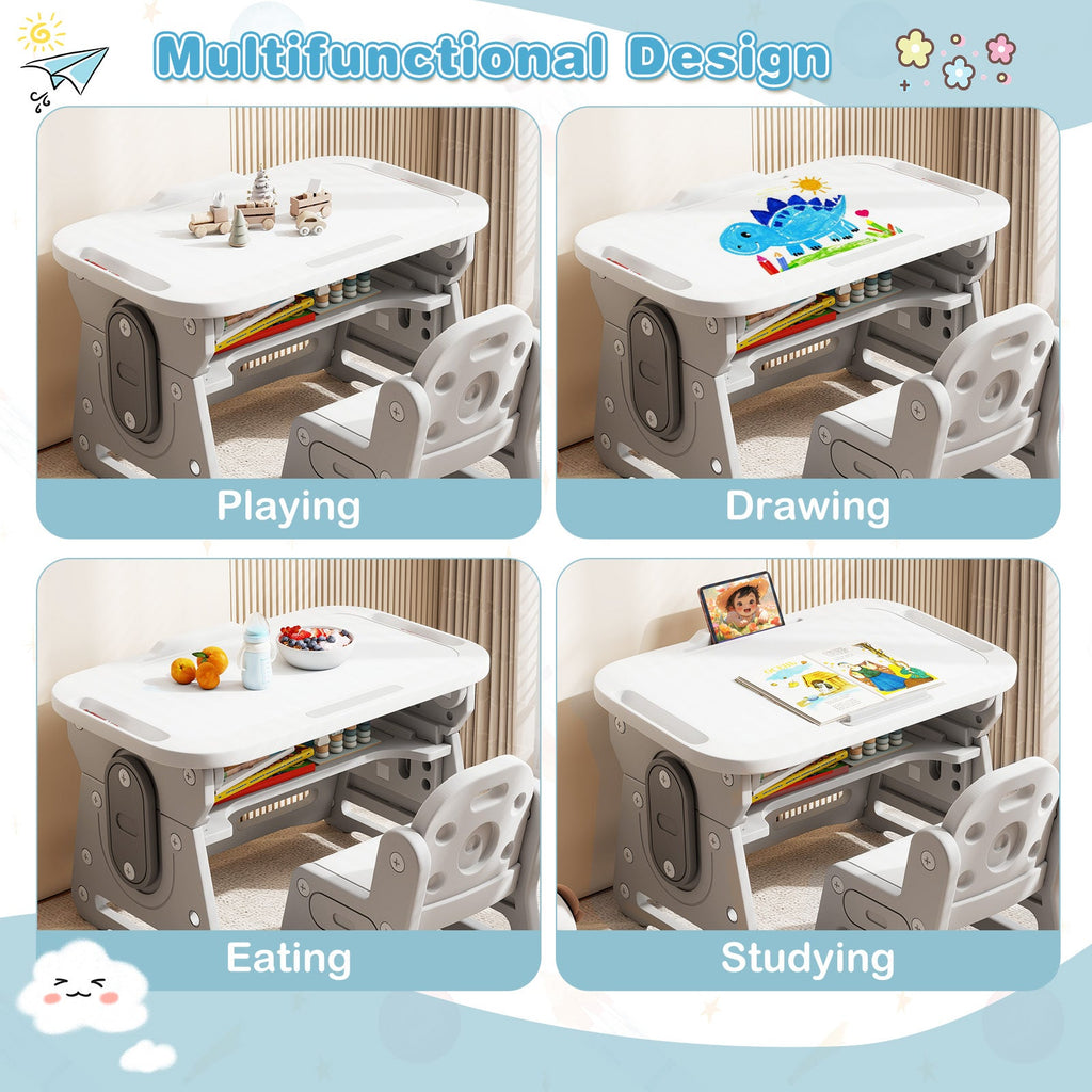 Height Adjustable Kids Table and Chair Set with Tiltable Whiteboard and Concave Shelf