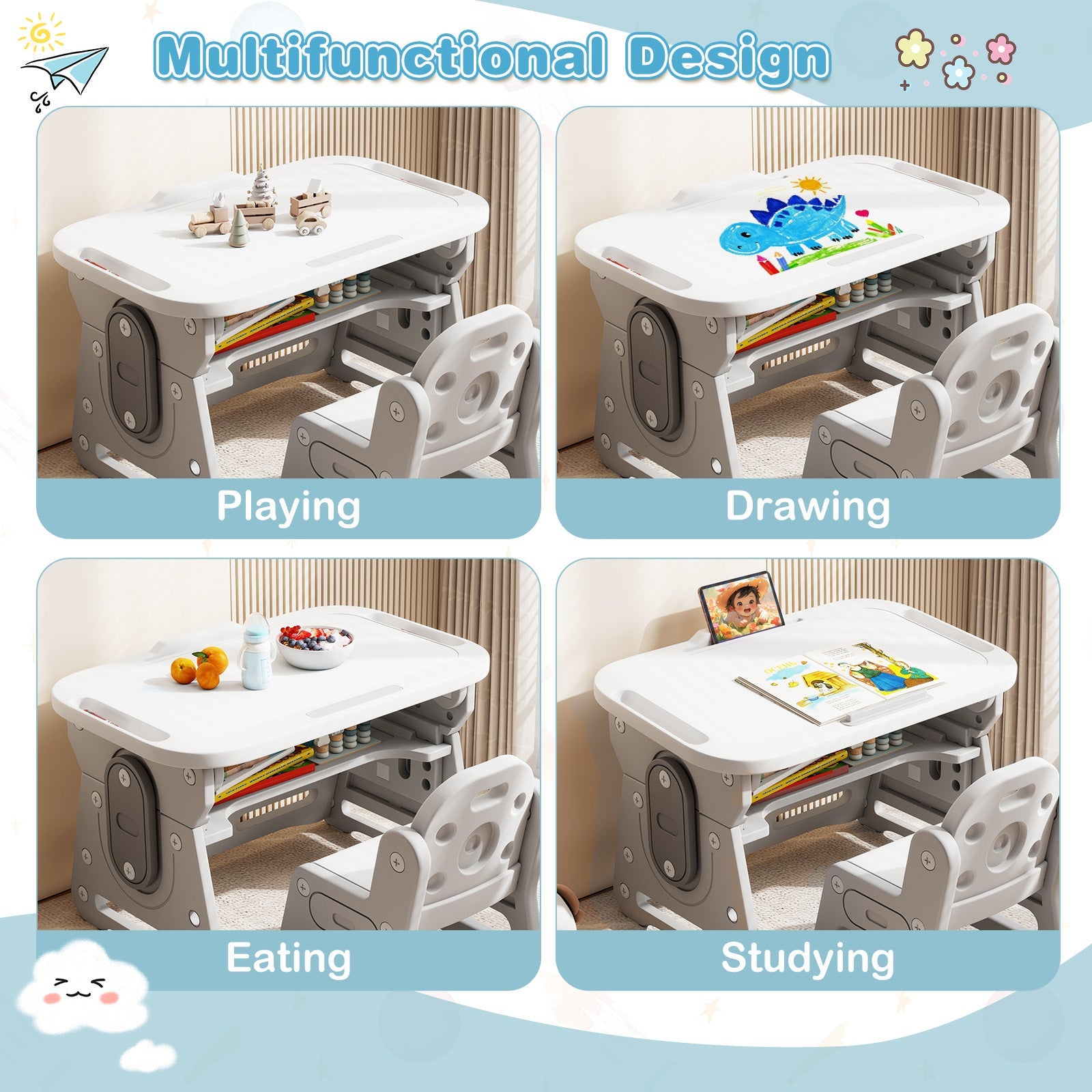 Height Adjustable Kids Table and Chair Set with Tiltable Whiteboard and Concave Shelf