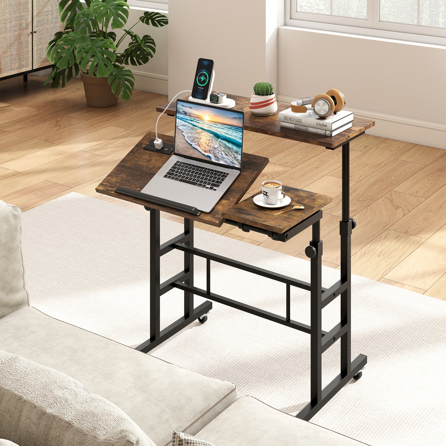 Mobile Standing Desk with Power Outlets & Adjustable Height