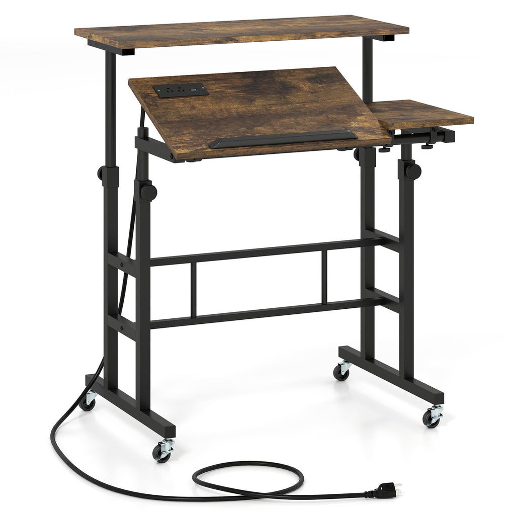 Mobile Standing Desk with Power Outlets & Adjustable Height