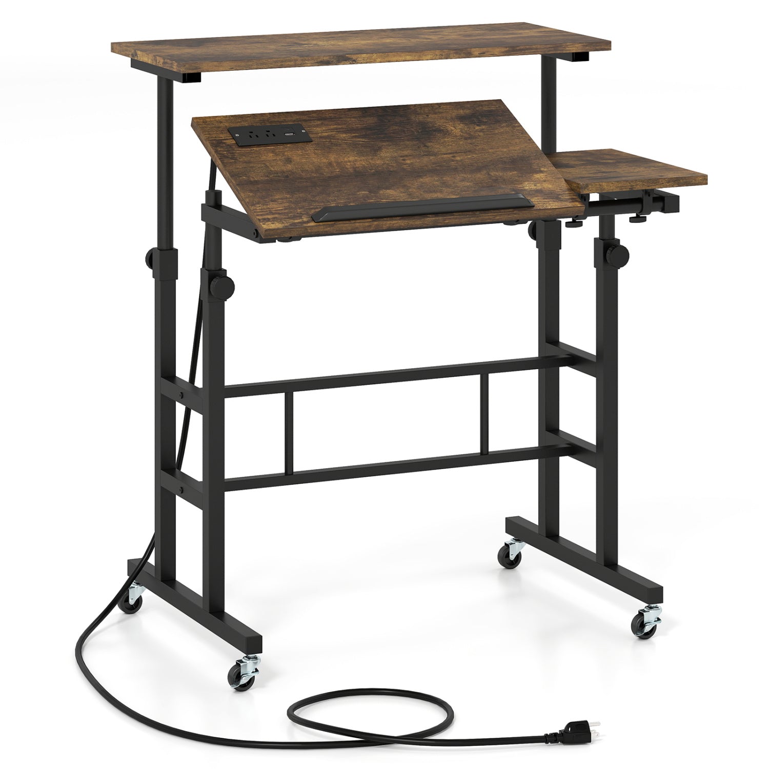 Mobile Standing Desk with Power Outlets & Adjustable Height