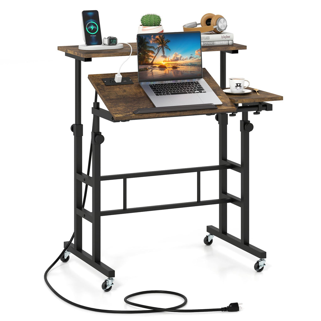 Mobile Standing Desk with Power Outlets & Adjustable Height