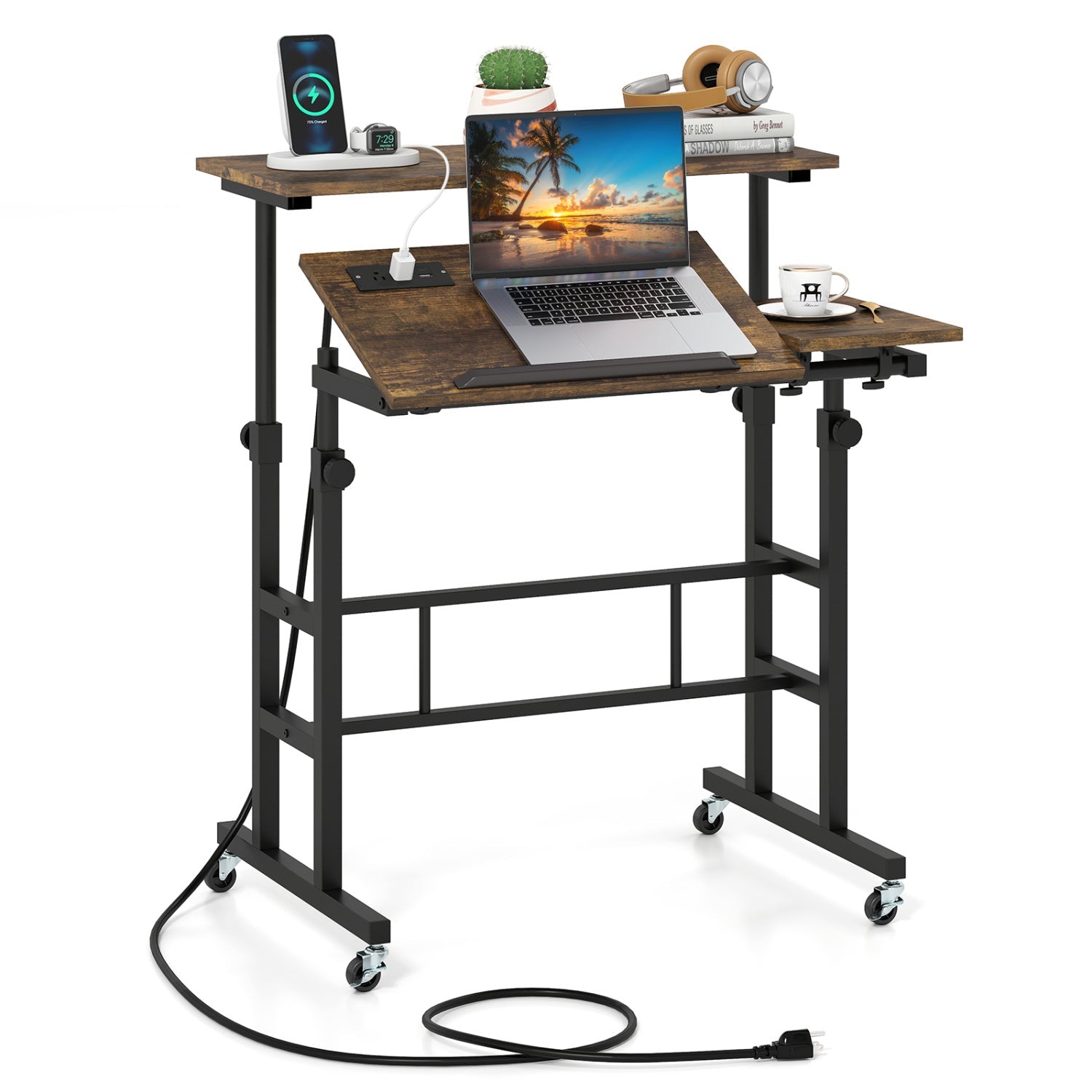 Mobile Standing Desk with Power Outlets & Adjustable Height