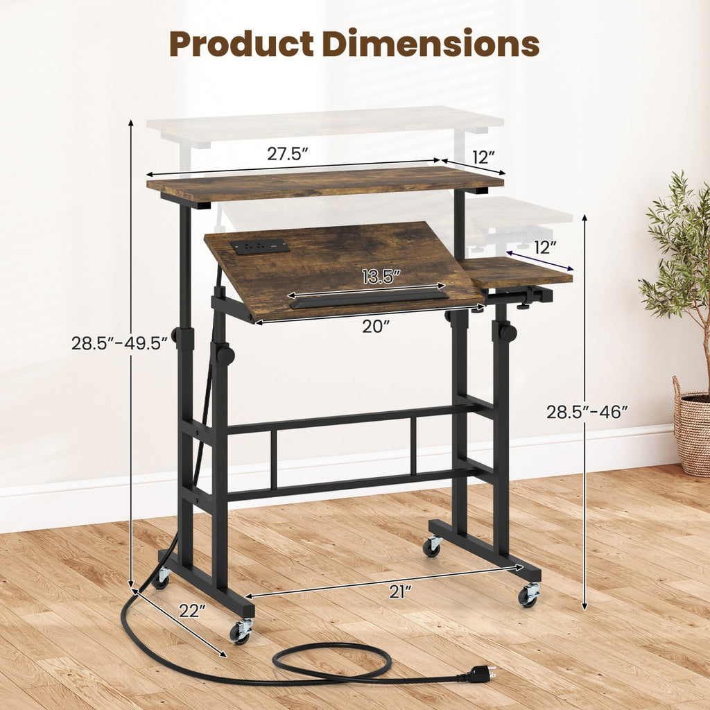 Mobile Standing Desk with Power Outlets & Adjustable Height