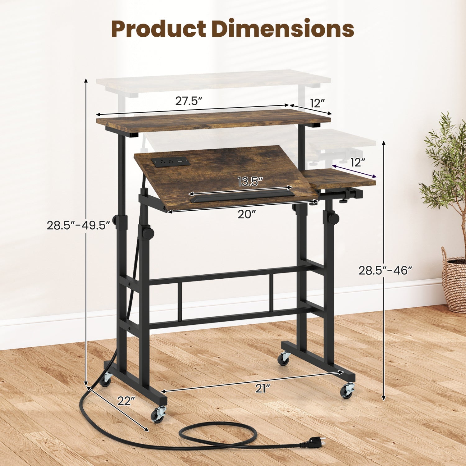 Mobile Standing Desk with Power Outlets & Adjustable Height