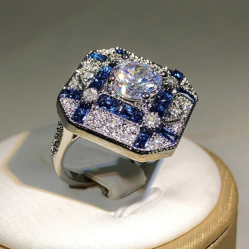 925 Silver Zircon Geometric Ring | Blue White Cocktail Engagement Ring
