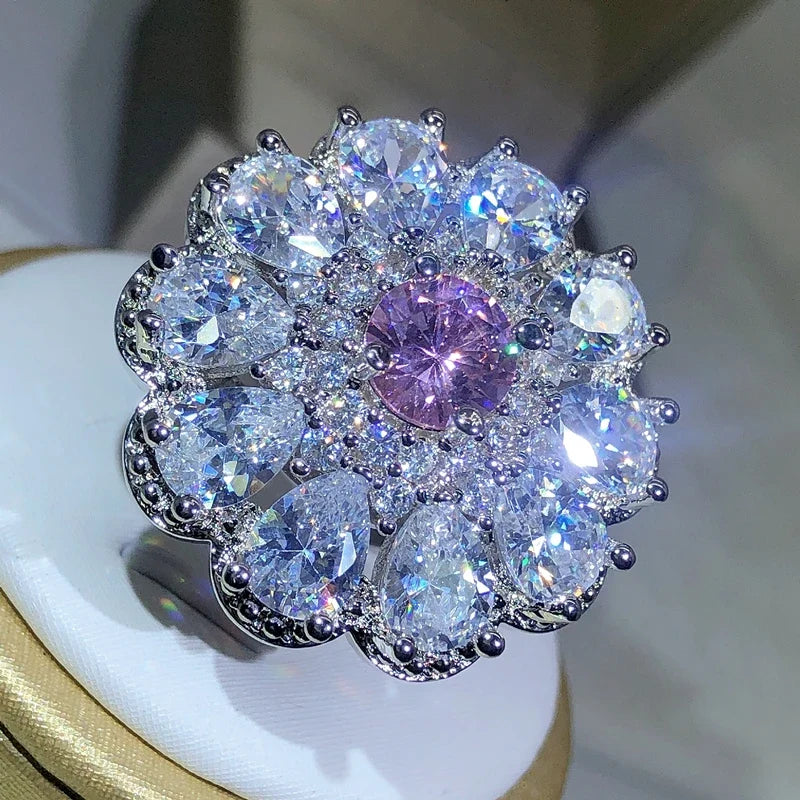 925 Sterling Silver Zircon Flower Ring | Classic Cocktail Jewelry for Women
