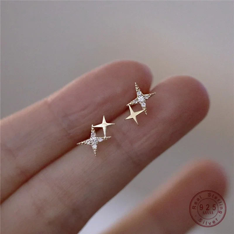 925 Sterling Silver Micro Inlaid Crystal Star Earrings | 14k Gold Plated Stud Earrings for Women