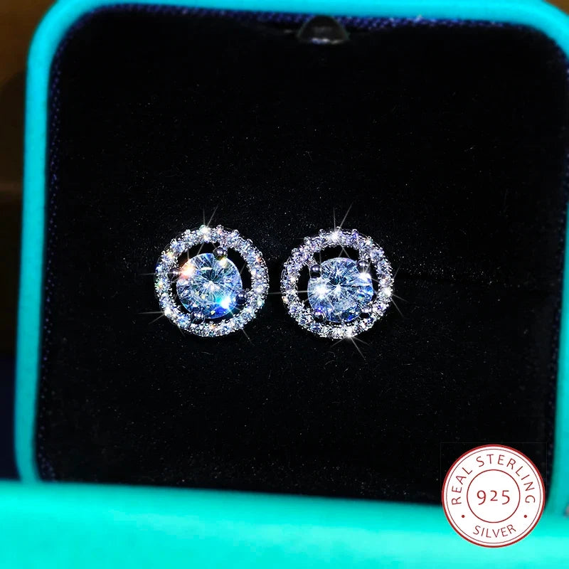 925 Sterling Silver White Zircon Stud Earrings | Exquisite Round Diamond-Like Crystal Jewelry for Women